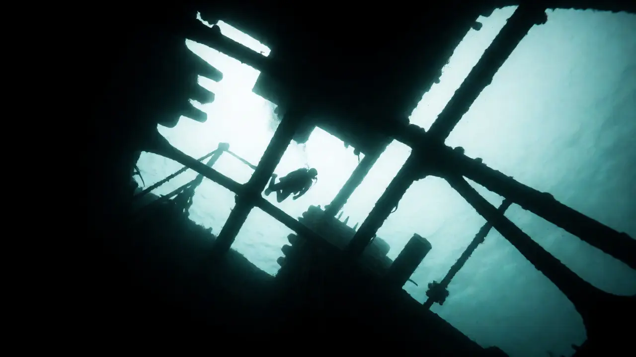 Silhouette of a diver inside a shipwreck looking up at the surface