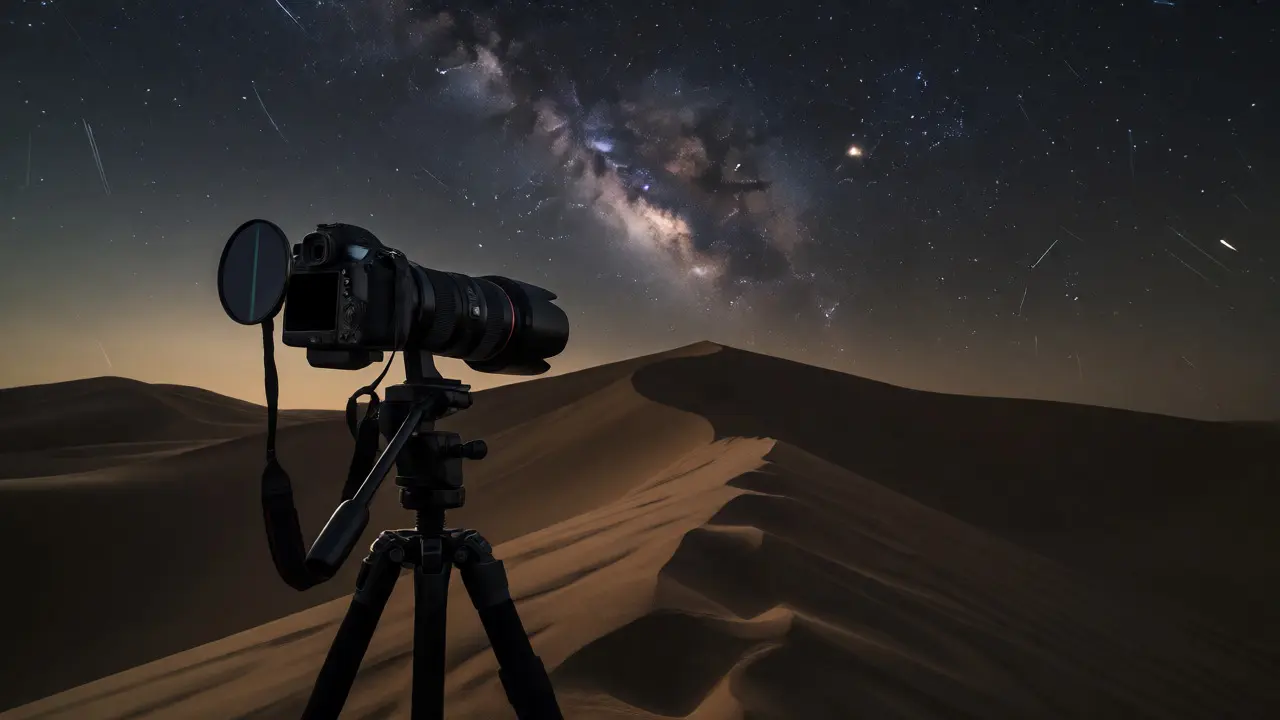 Silhouetted dunes under the Milky Way with a camera setup in the foreground at night.