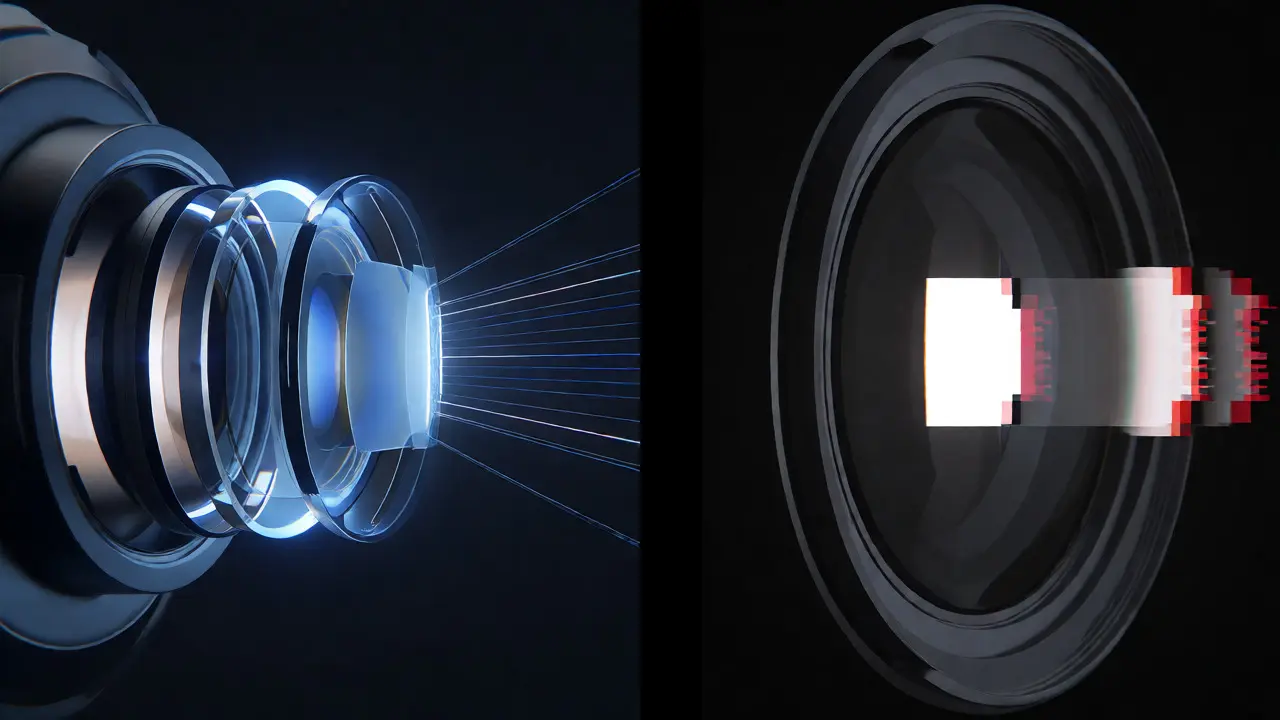 Split-screen comparison of optical lens physics vs digital pixelation