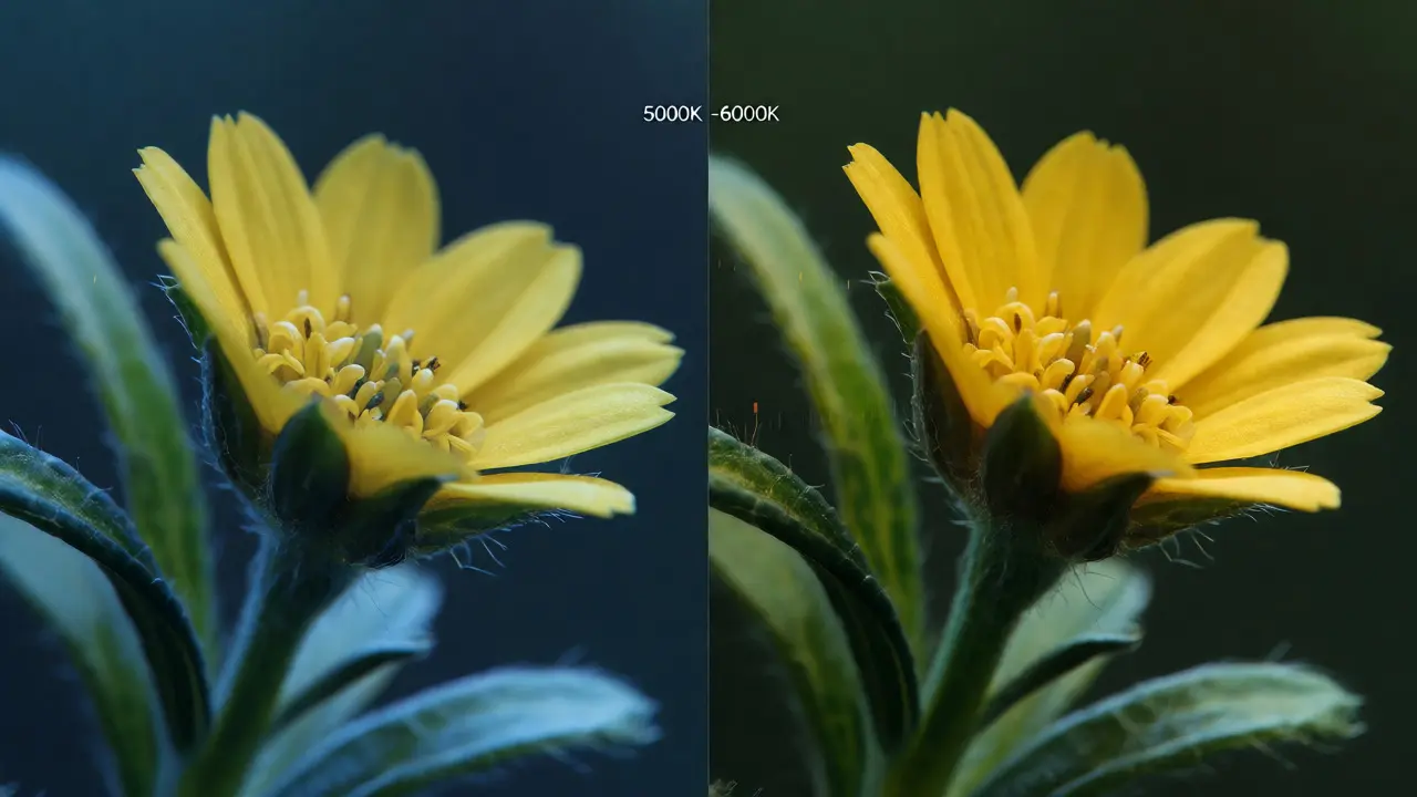 Split screen comparison of yellow flower with blue color cast versus accurate natural color.