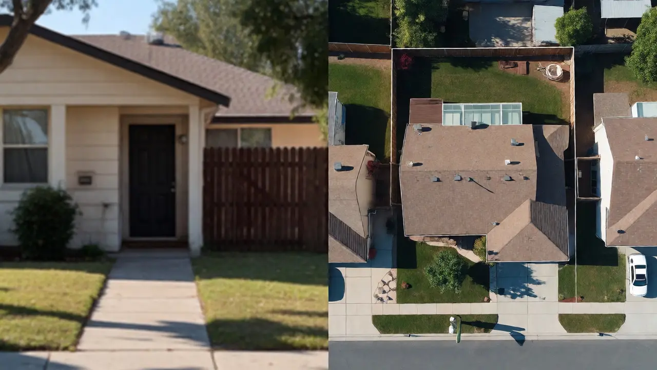 Split view comparing blurry ground-level house photo with clear aerial property shot.