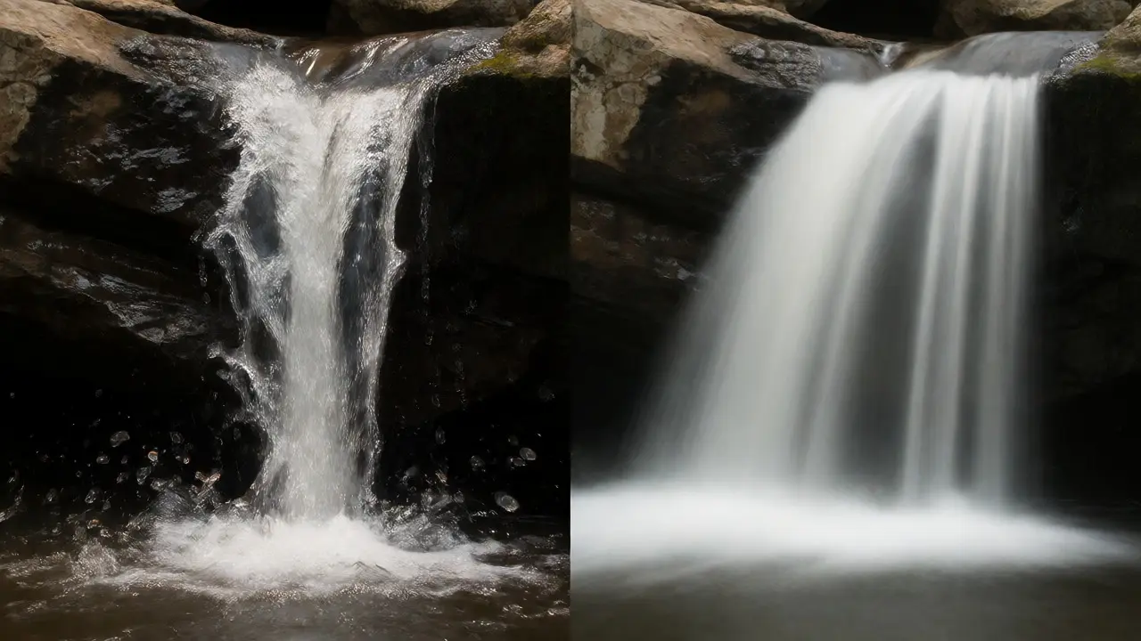 Split view comparing frozen water droplets versus silky long-exposure water.