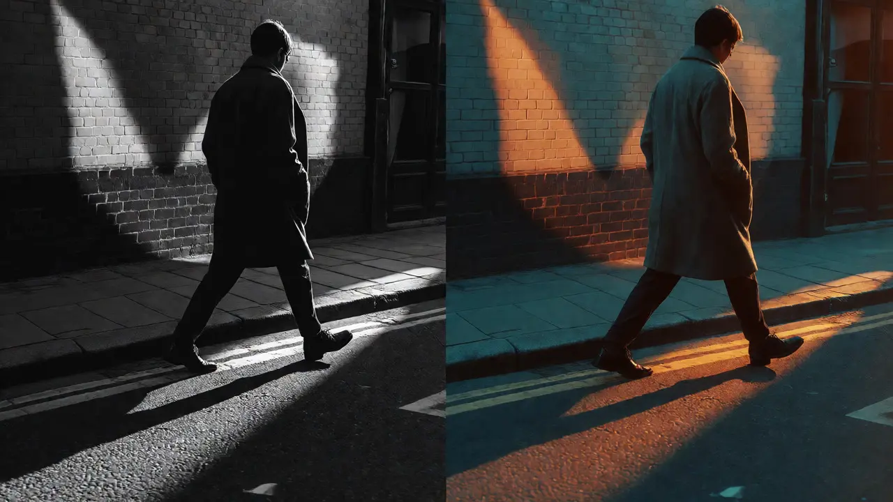 Split view comparing high-contrast B&amp;W street photo with warm, grainy color graded version