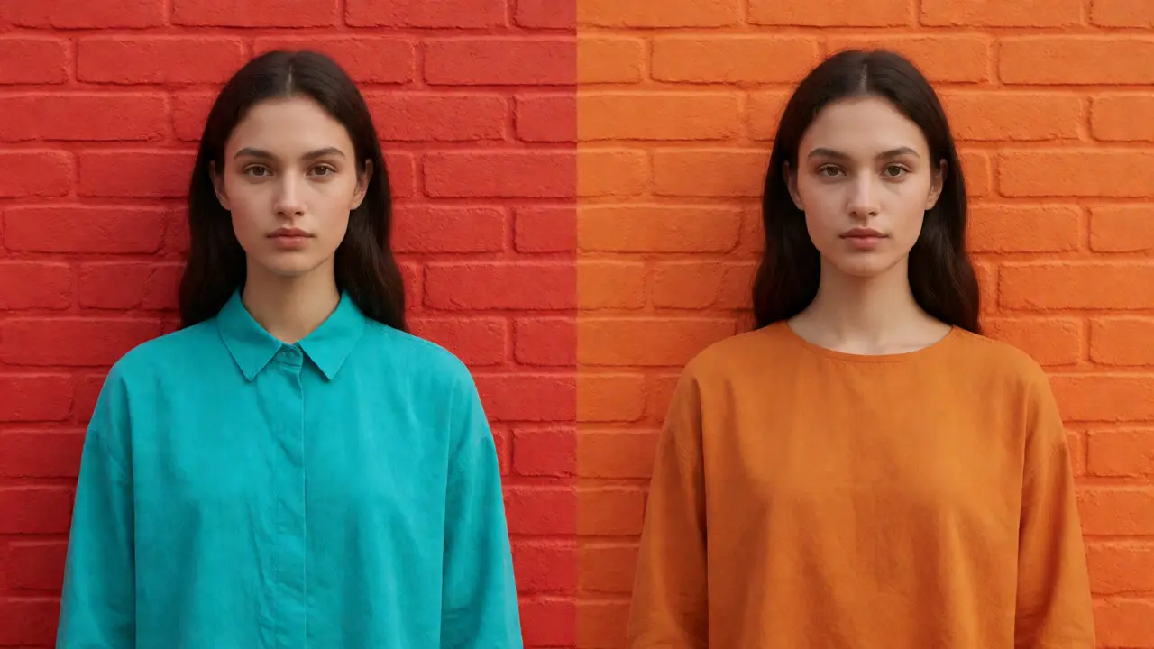 Split view comparing teal vs orange shirt against brick wall