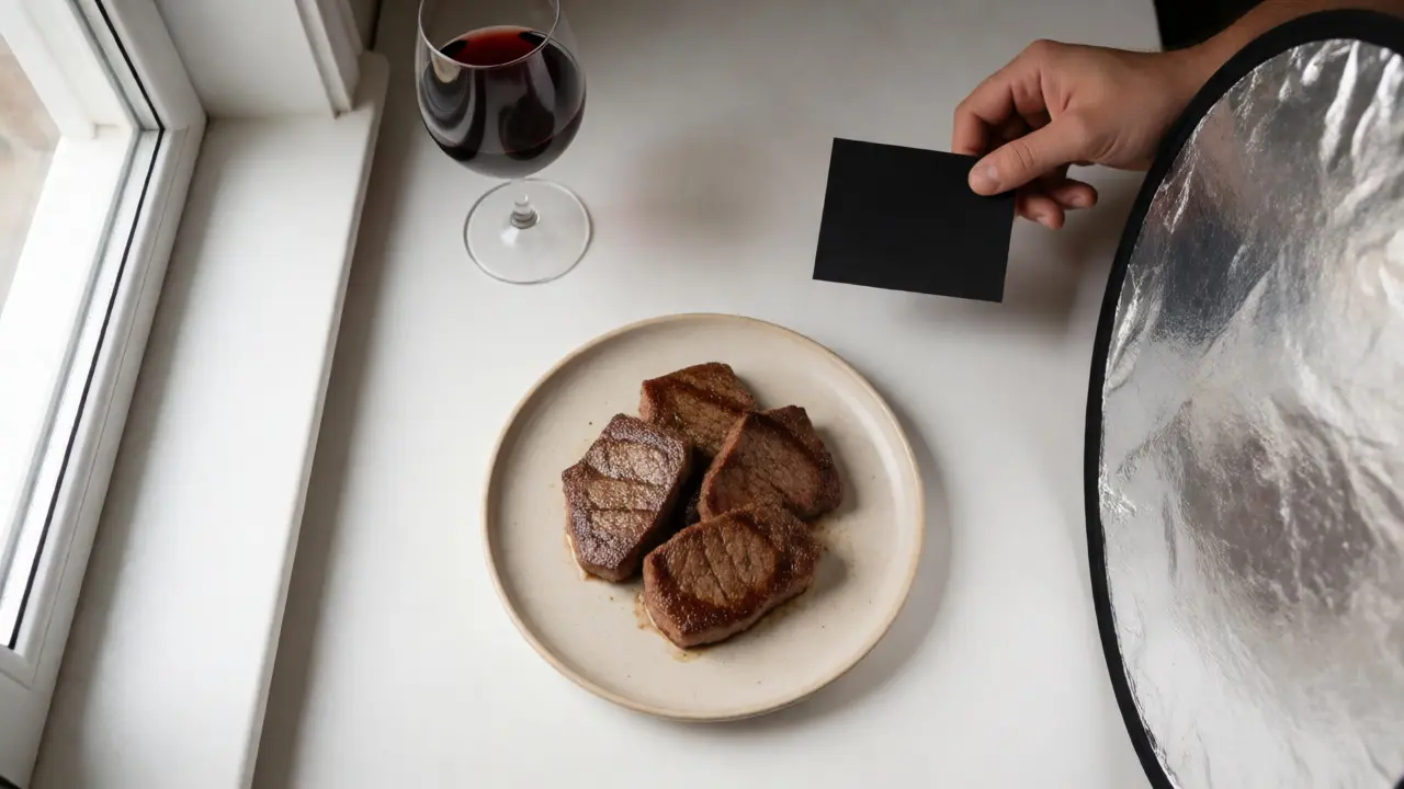 Steak being photographed with silver reflector and black flag