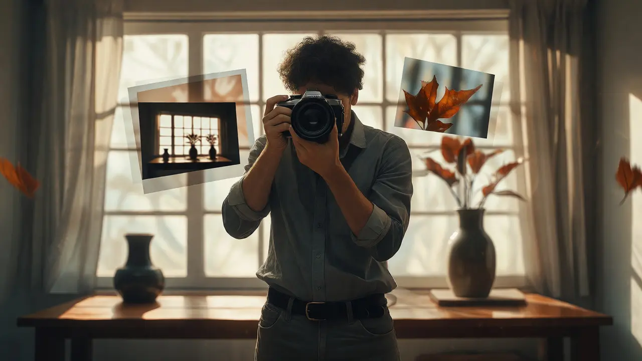 Surreal overlay of exposure variations around a photographer with prime lens