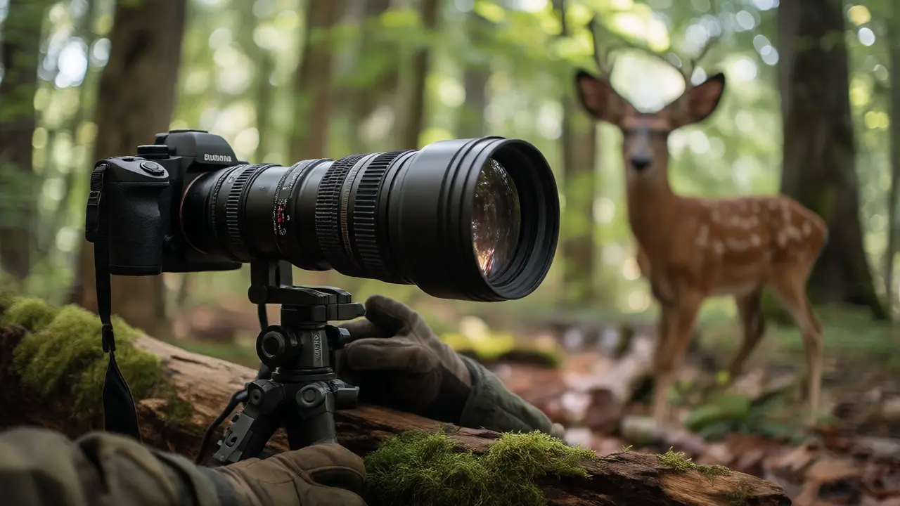 Telephoto lens on a monopod near a deer in a sunlit forest