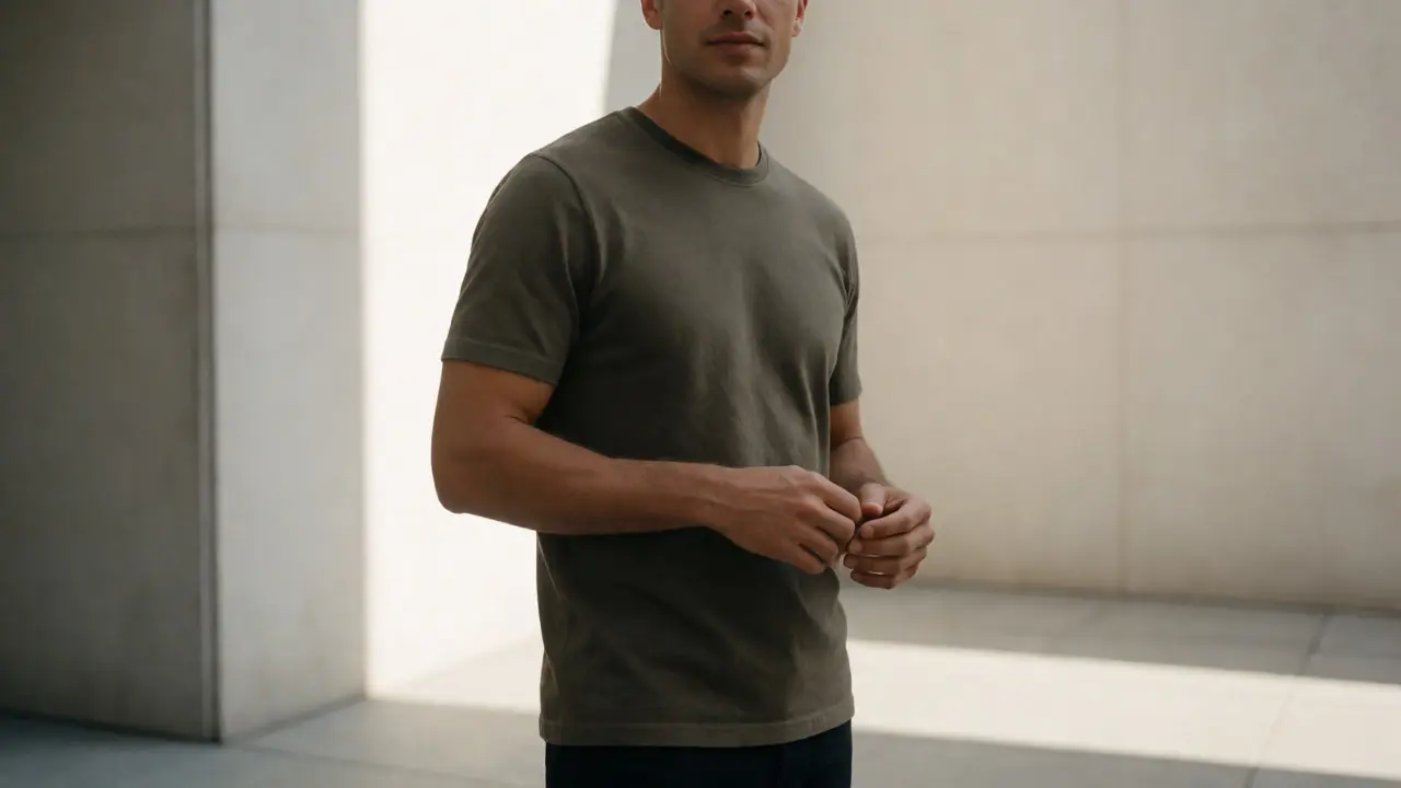 Three-quarter view of a man posing with hands visible