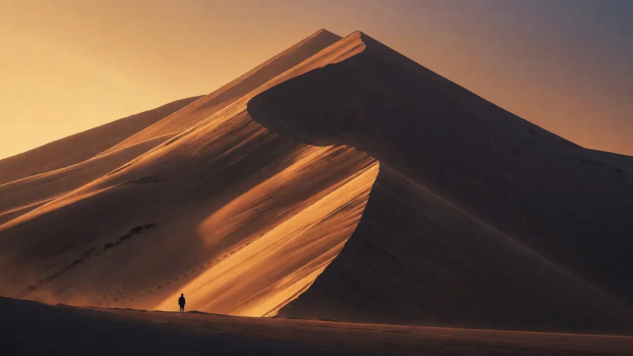 Tiny human figure beside massive sand dune ridge during golden hour, emphasizing scale.