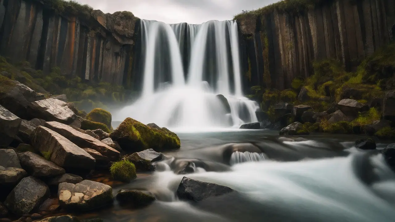 Waterfall with silky smooth water flowing over mossy rocks in a forest.
