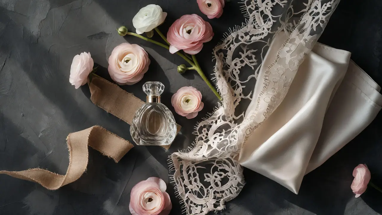Wedding details with lace, crystals, and flowers