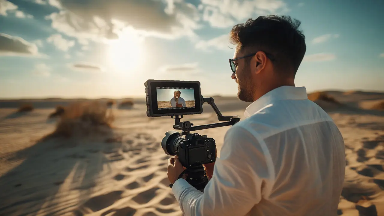 Wedding photographer using a high-brightness external monitor outdoors