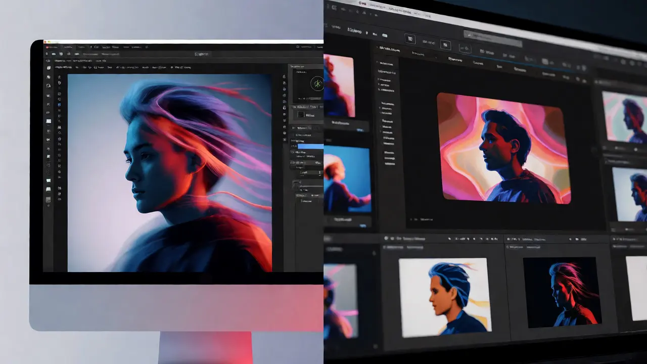 Artistic split-screen comparison showing stable versus heavy digital photo editing workflows.