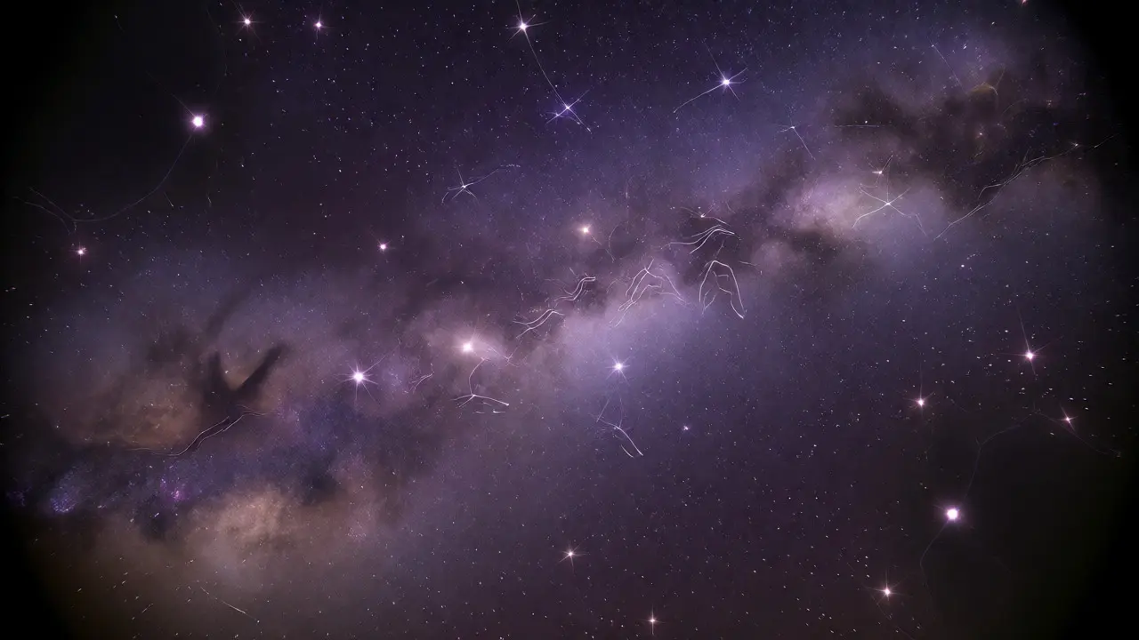 Astigmatic squiggles and dark vignetting visible in the corners of a night sky image.