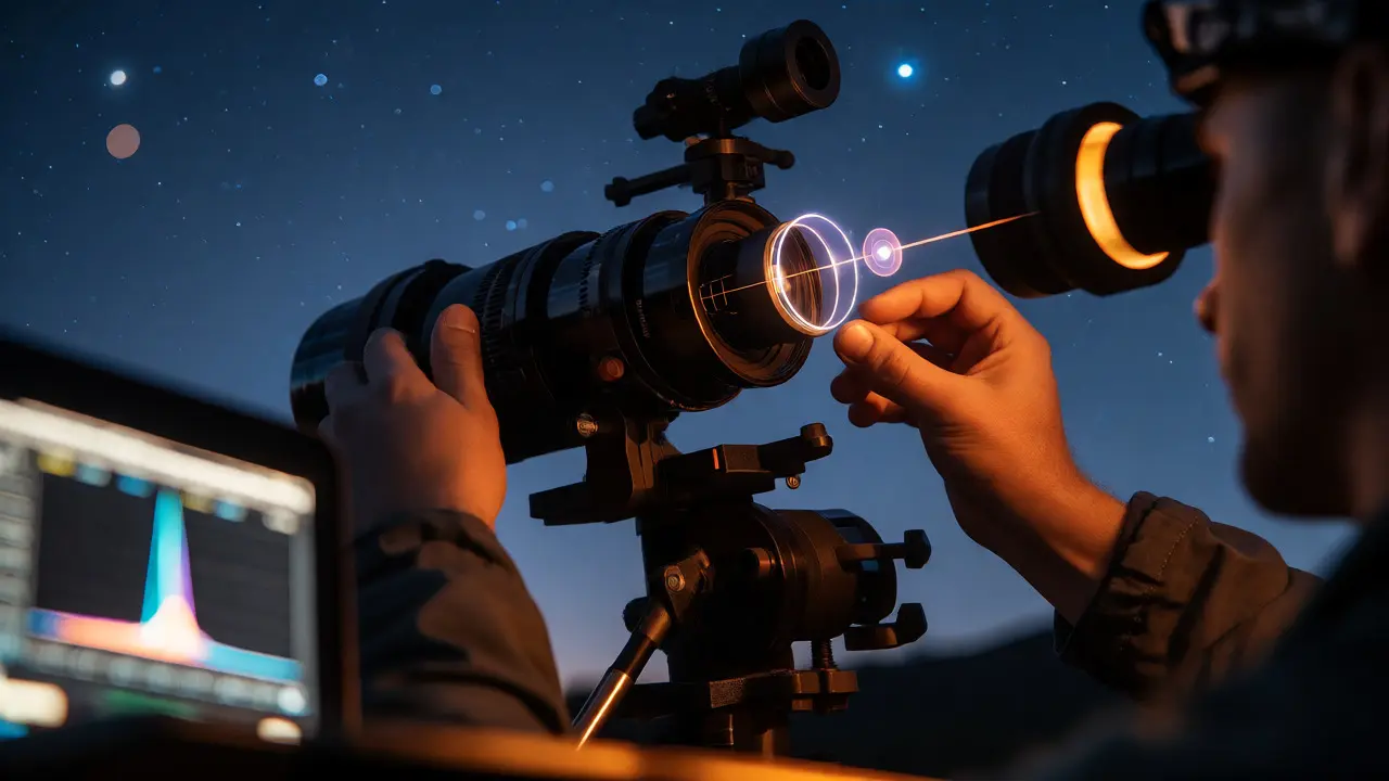 Astronomer aligning telescope gear under the night sky to correct optical aberrations.