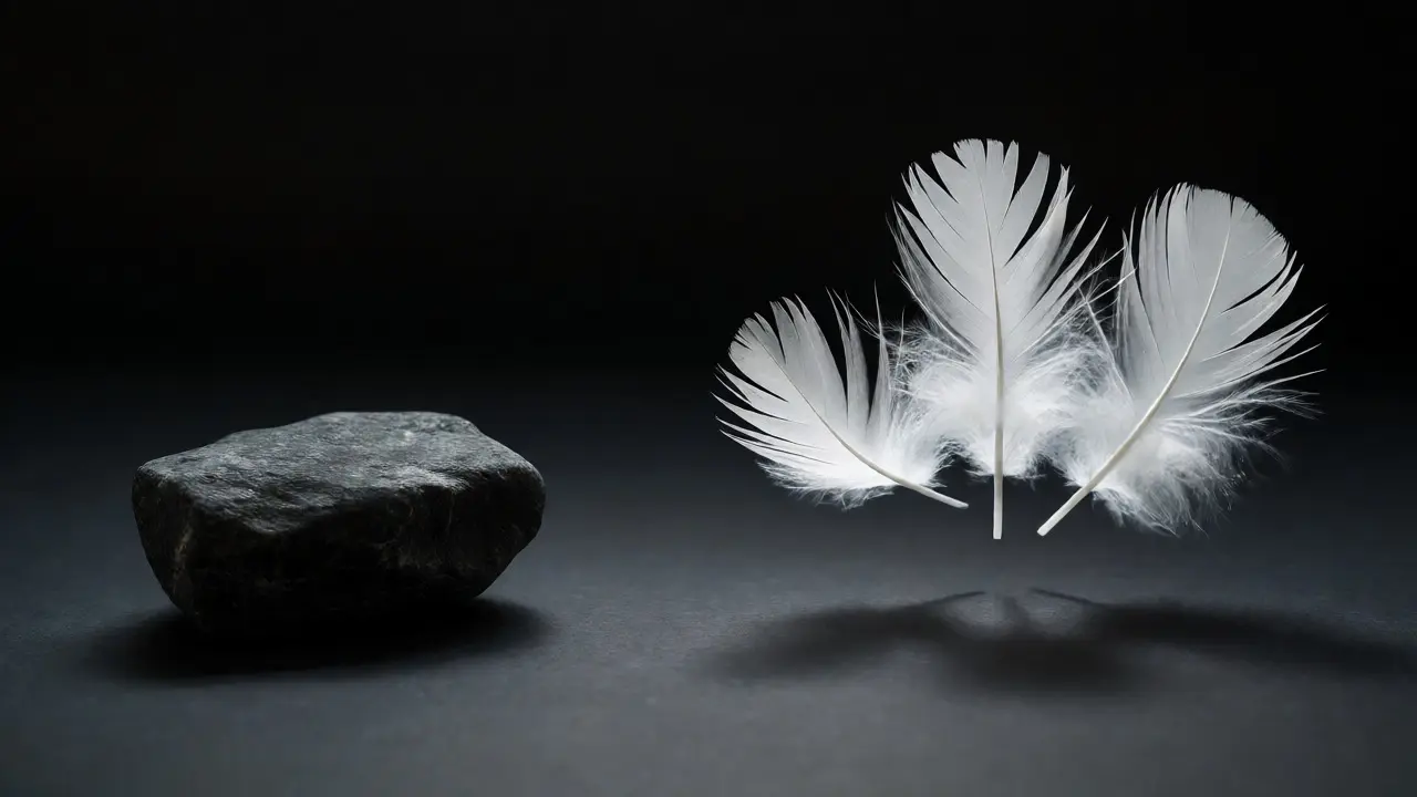 Asymmetrical arrangement of a dark stone and white feathers balancing visual weight through tone and position.