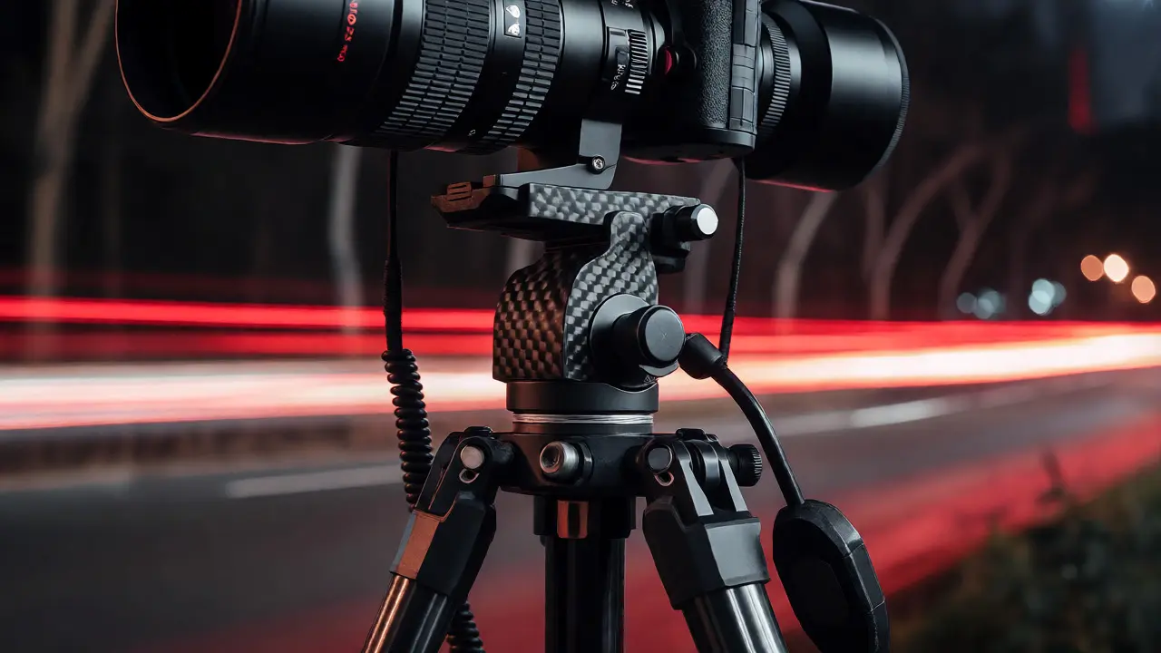 Camera on tripod capturing night light trails
