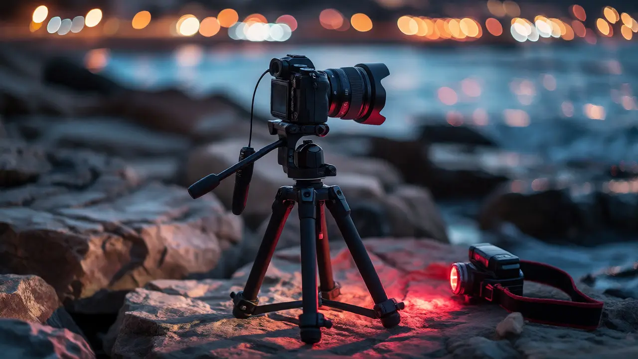 Camera on tripod with red headlamp at rocky shore at night