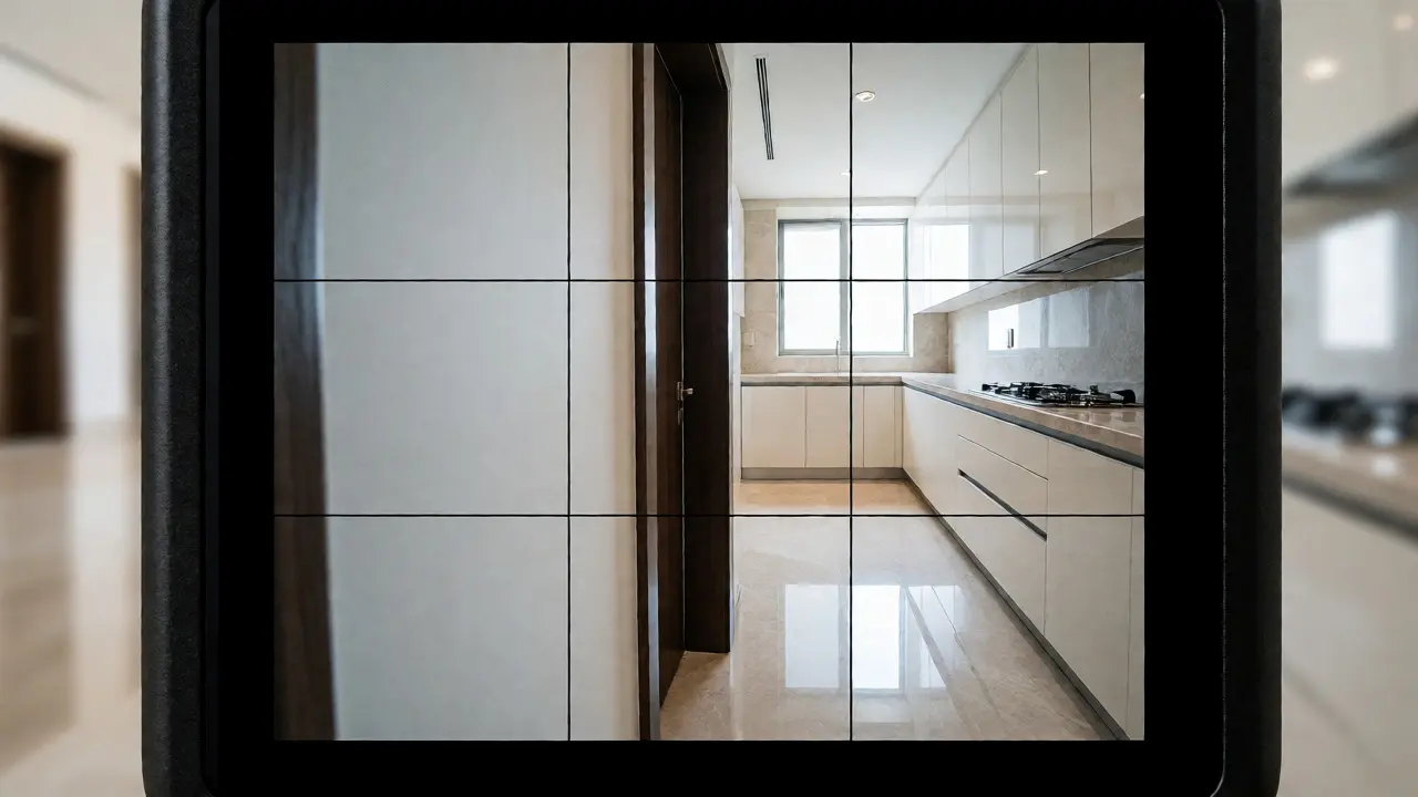 Camera screen displaying a kitchen scene with vertical grid lines aligned perfectly with a doorframe.