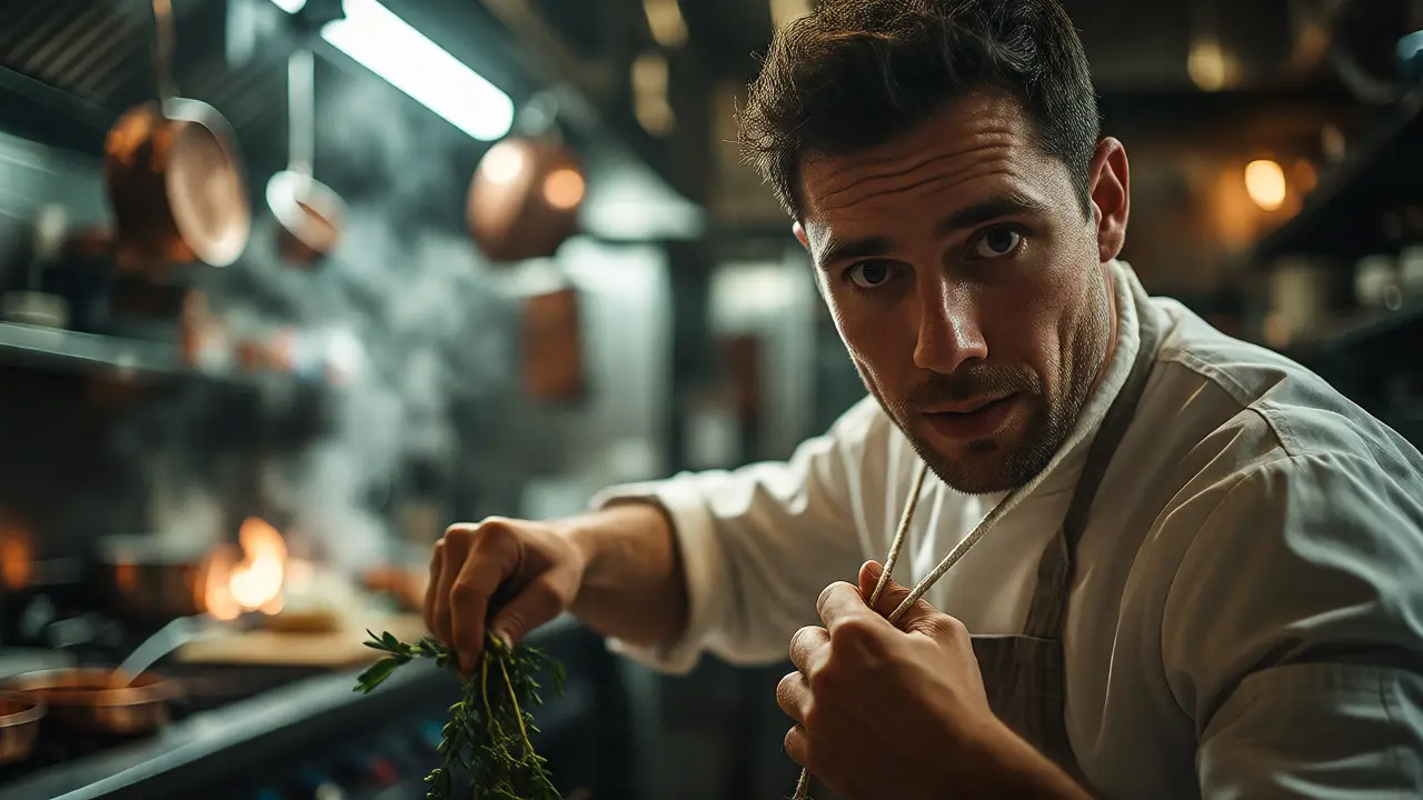 Chef adjusting apron amidst steam in a busy professional kitchen