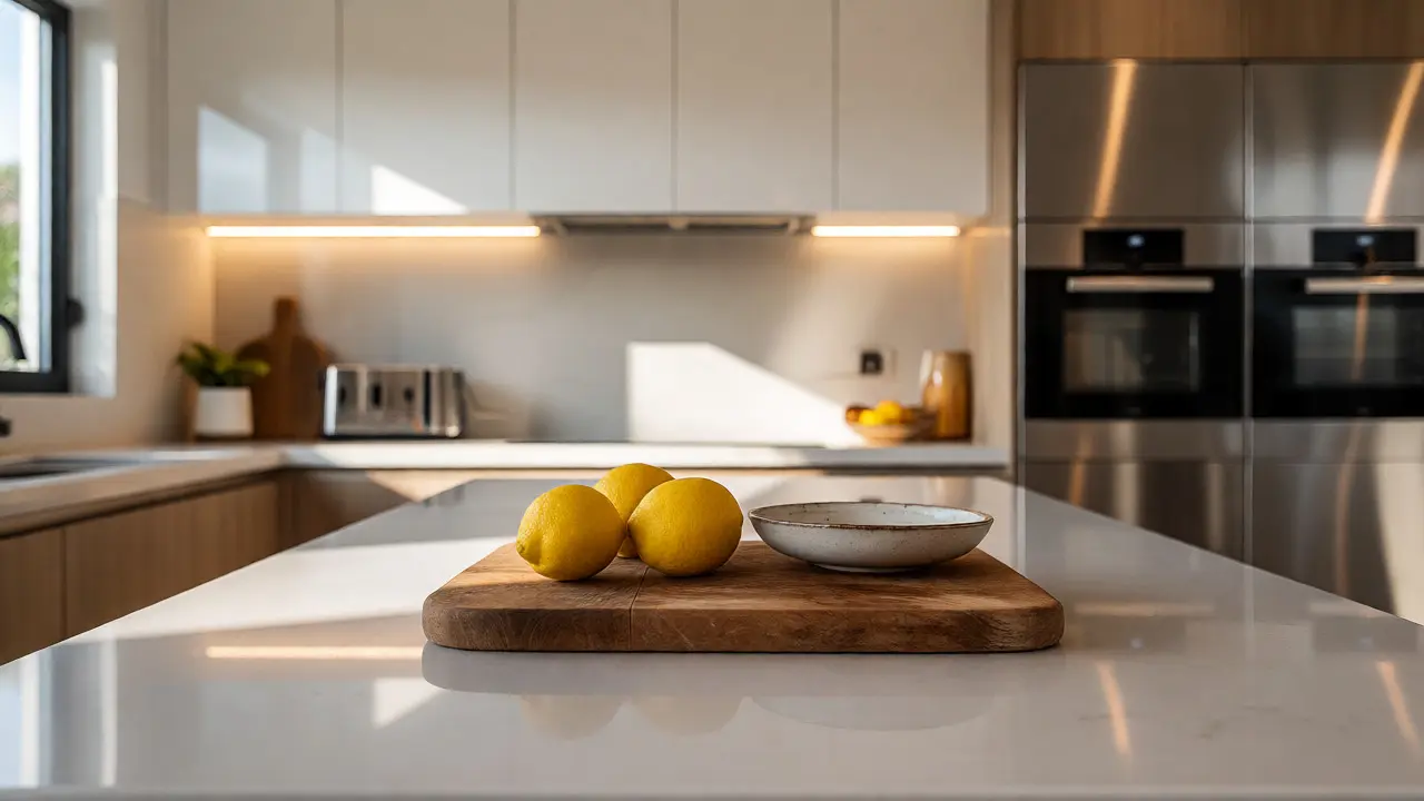 Clean kitchen island with single lemon prop demonstrating decluttered staging