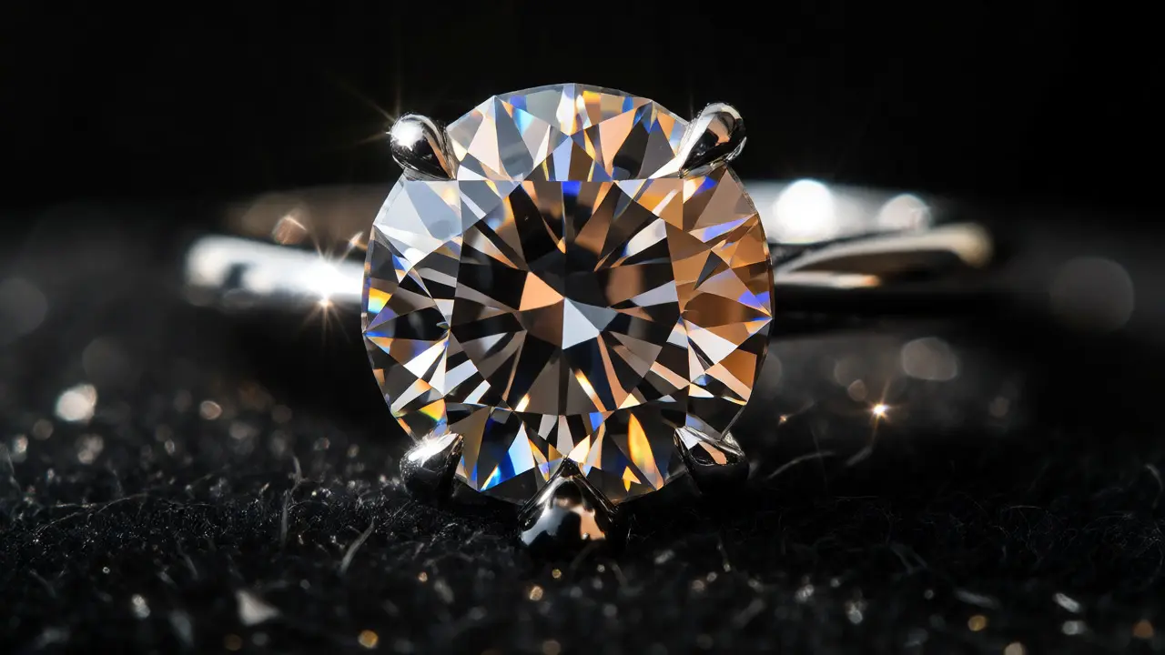 Close-up macro shot of a sparkling diamond ring on black velvet showing colorful light refraction.
