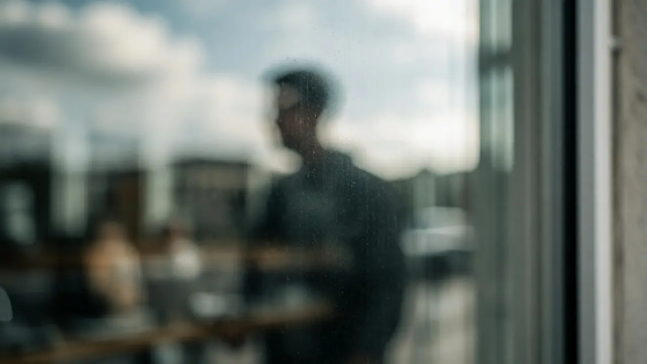 Close-up of a glass window showing a reflection and interior view