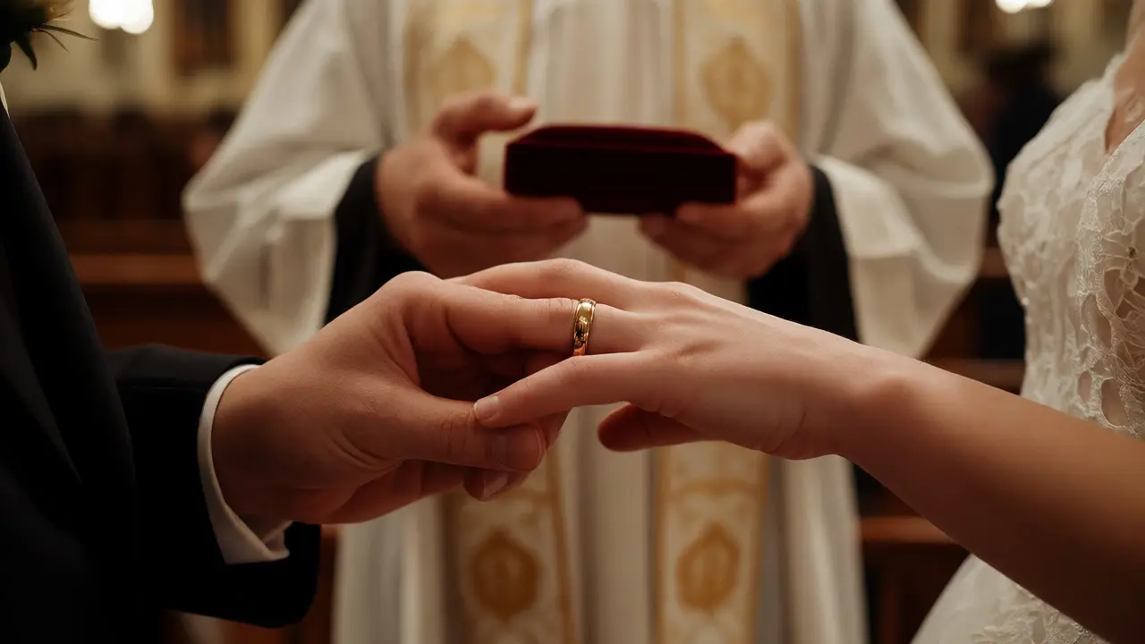 Close-up of hands exchanging wedding rings in a church