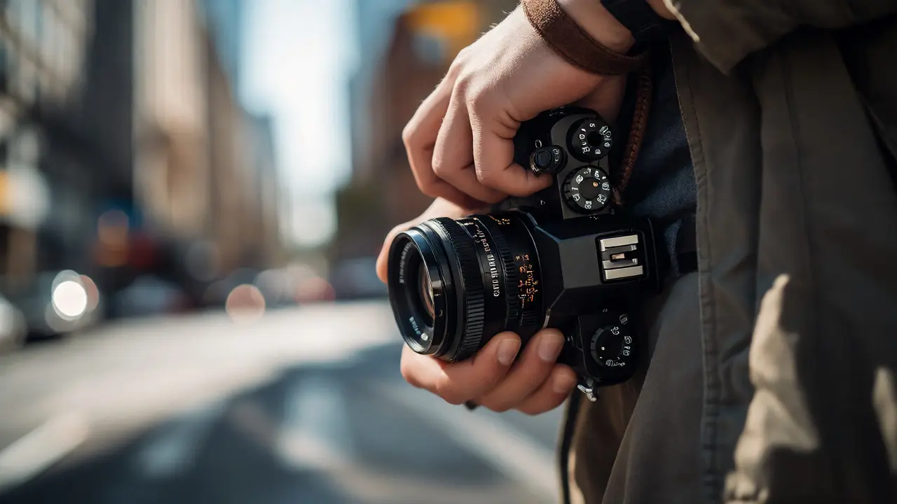 Close-up of hands holding a camera at hip level with manual focus settings for street shooting.