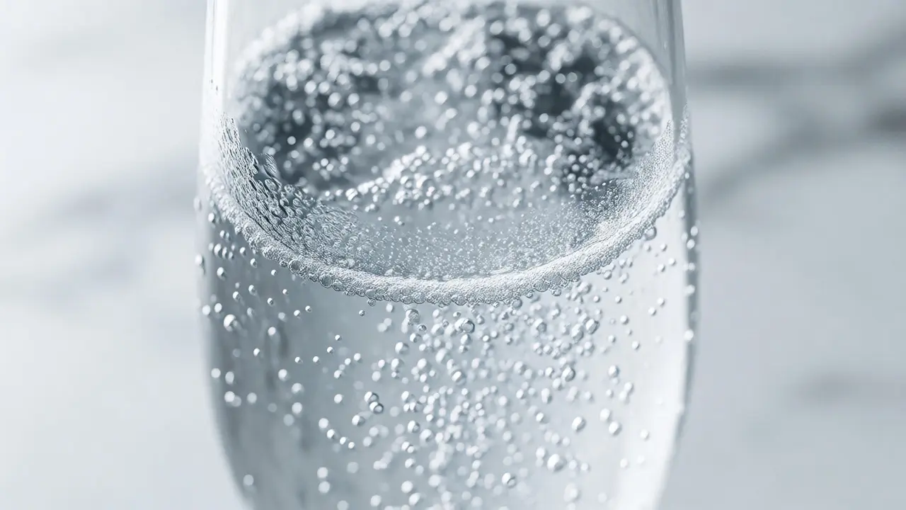 Close-up of rising bubbles and condensation on a champagne glass