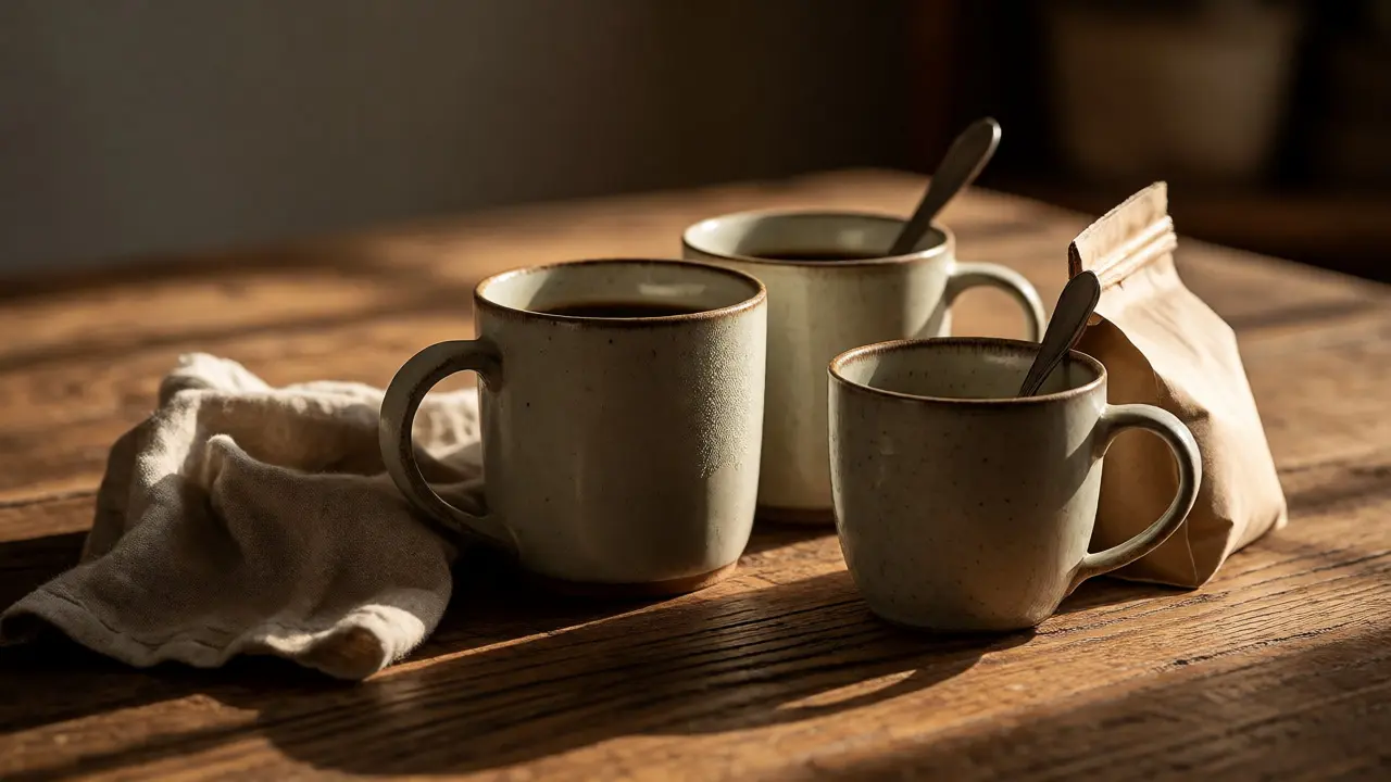 Coffee mugs and beans arranged naturally on a rustic wooden table
