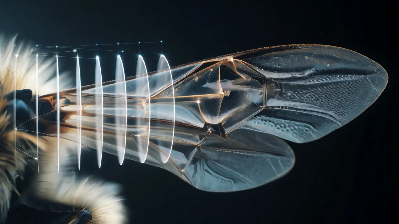 Conceptual art showing layered translucent planes of a bee wing merging together.
