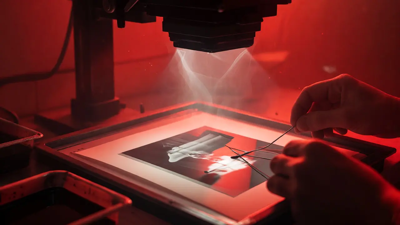 Darkroom enlarger projecting light onto photo paper with dodging tools