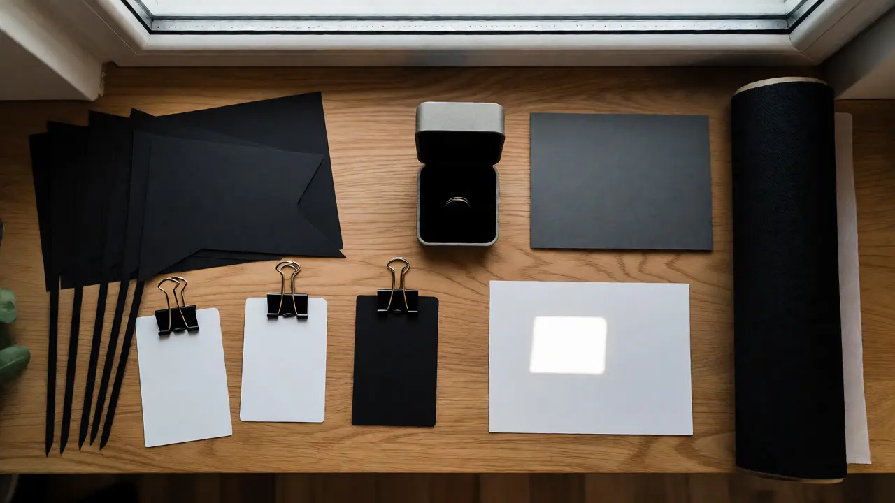 DIY photography tools including bounce cards and flags on a wooden desk