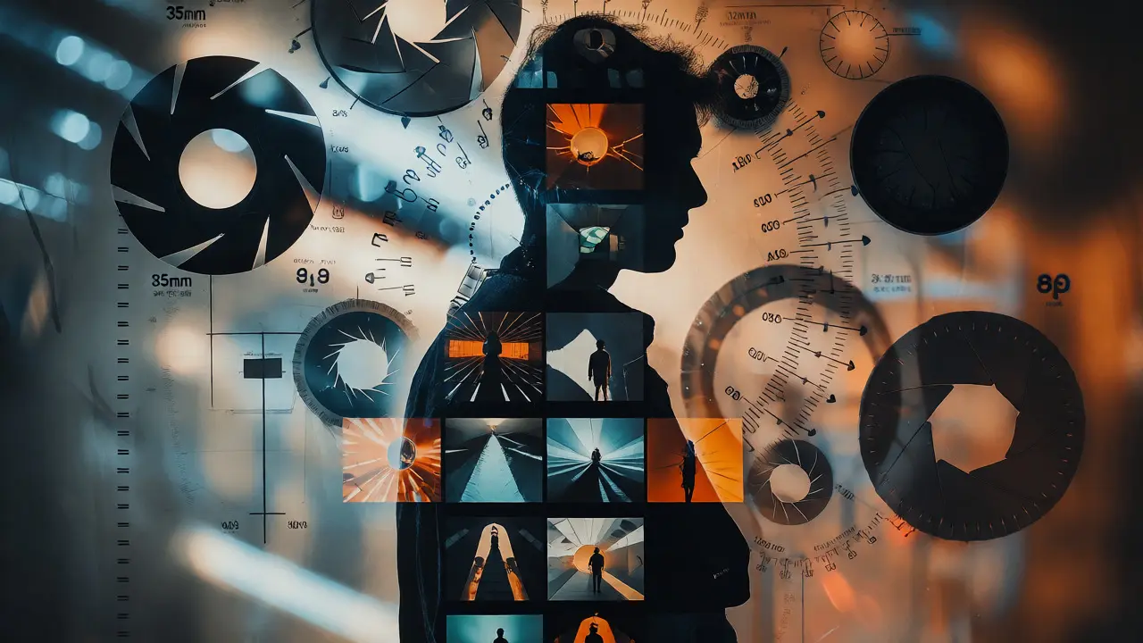Double exposure of a photographer's silhouette filled with grids of photos and technical camera settings.