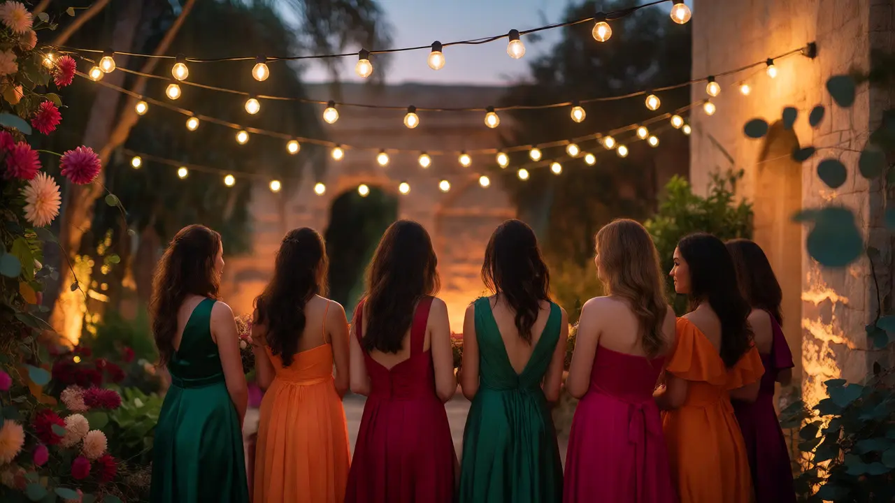 Evening wedding with guests in jewel-tone dresses illuminated by warm string lights.