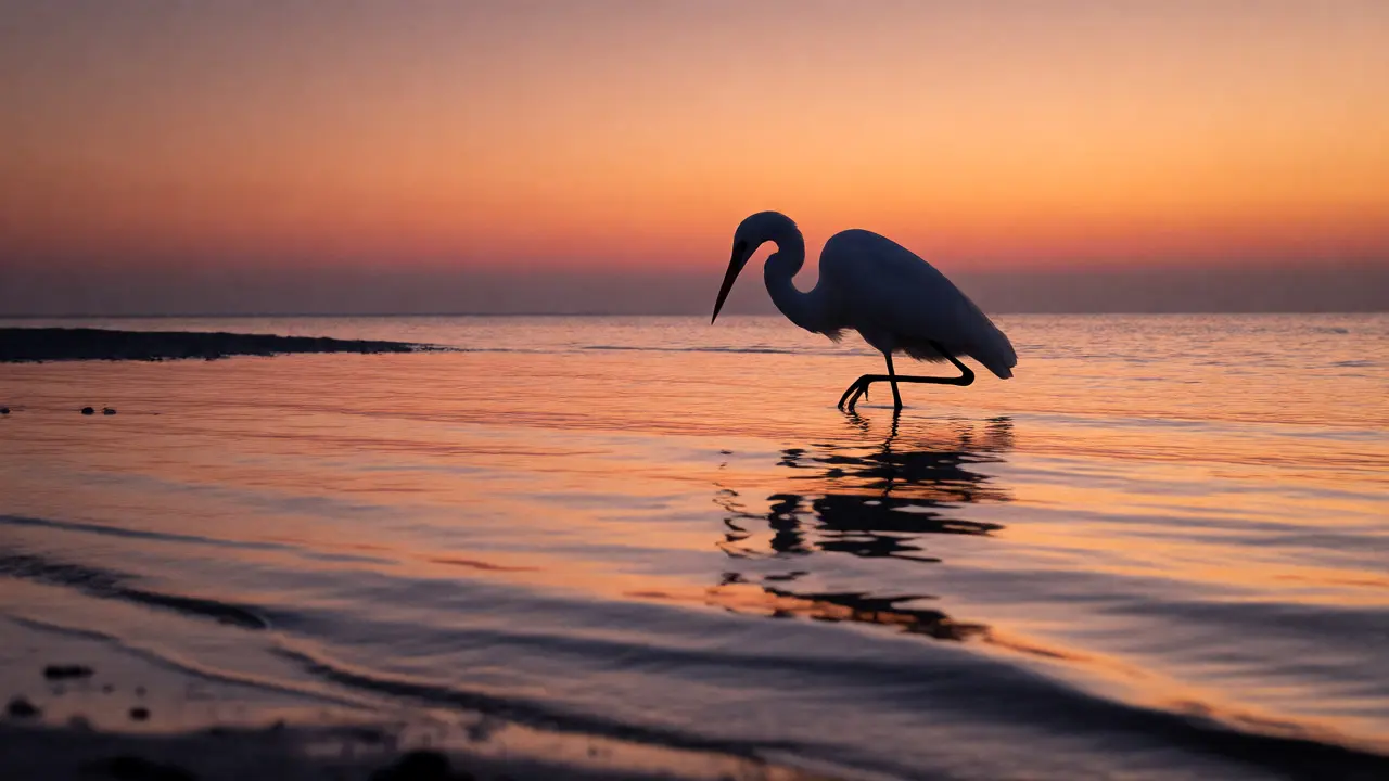 Great egret silhouette at sunset in shallow water