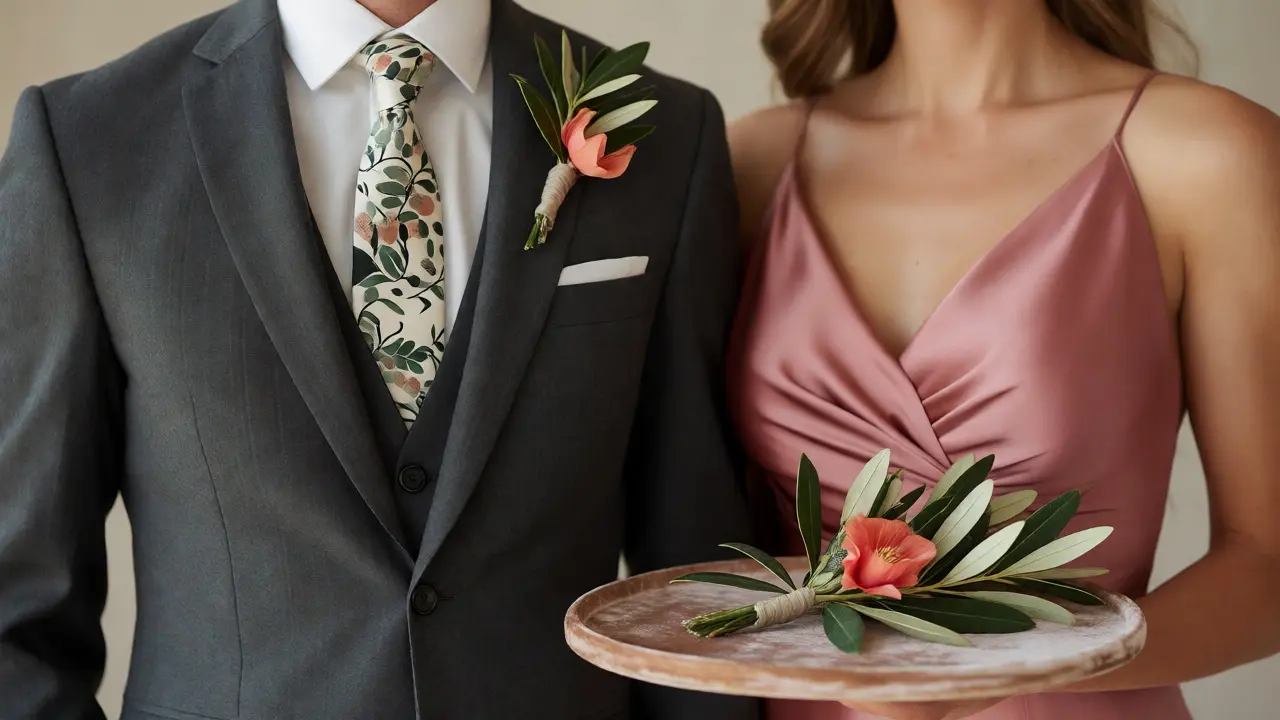 Groom in charcoal suit and bridesmaid in dusty rose showing complementary attire coordination.