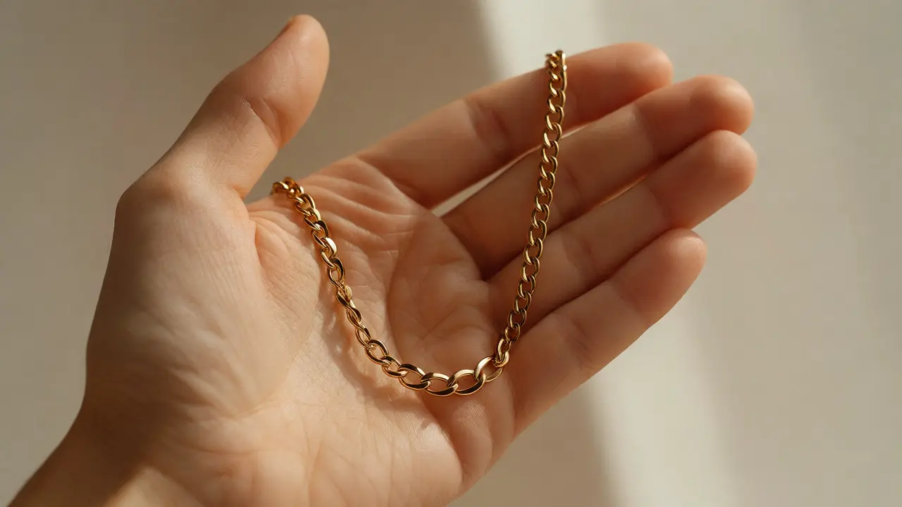 Hand wearing a gold necklace against a blurred neutral background to show scale and detail.