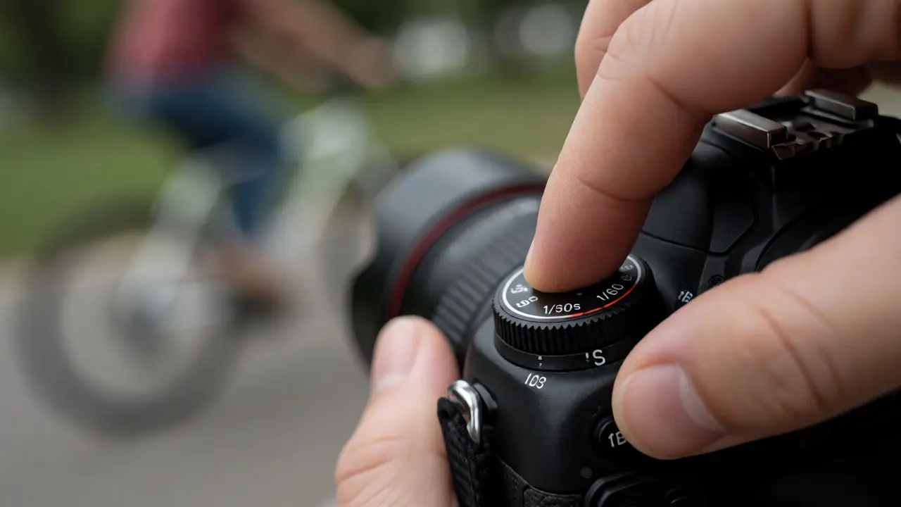 Hands adjusting camera shutter speed while a cyclist blurs in the background