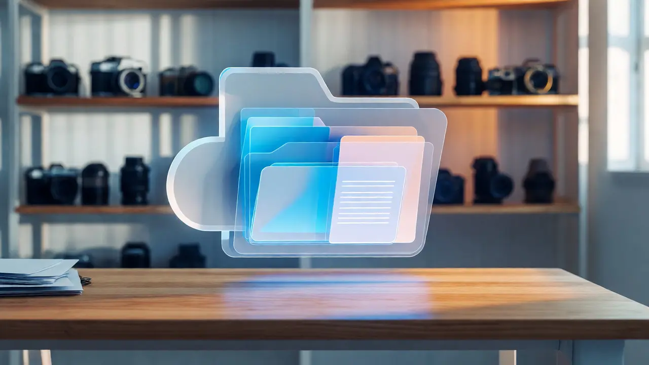 Holographic digital file folders floating above a photographer's desk