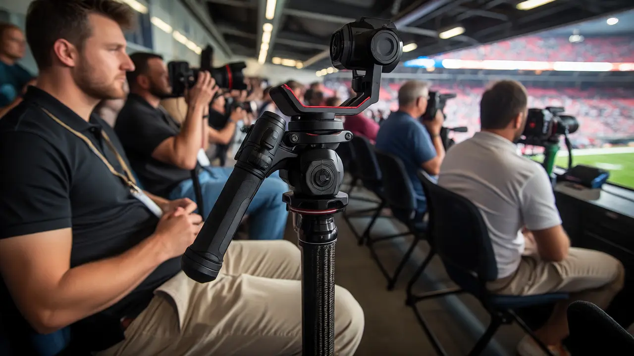 Hybrid setup of a gimbal mounted on a monopod in a press box