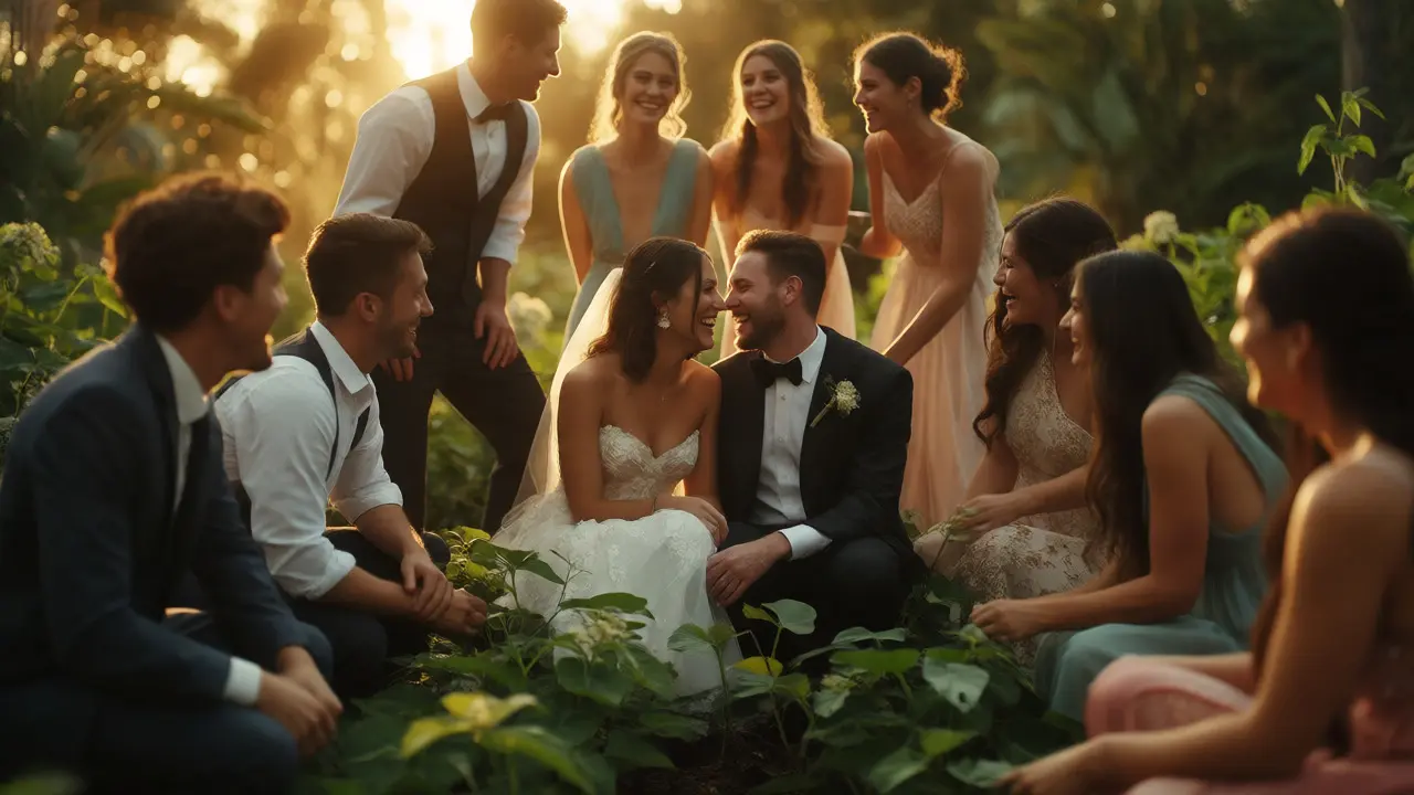 Large bridal party in pyramid structure with golden hour light