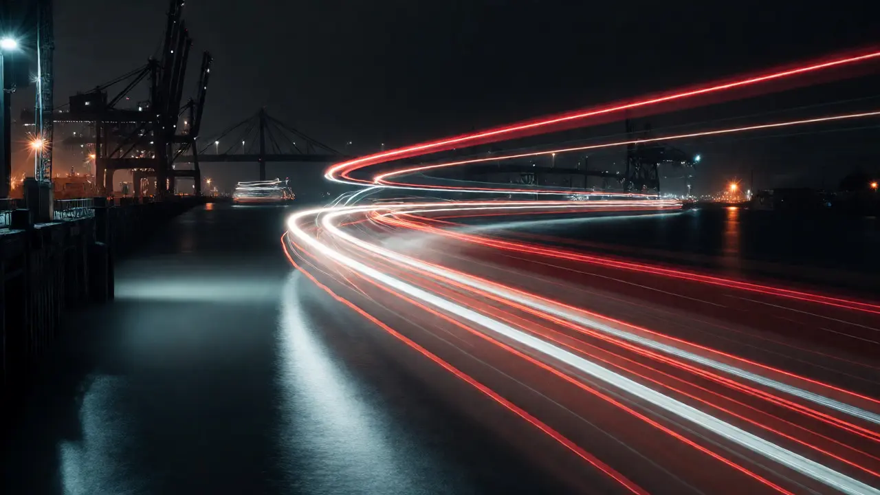 Long exposure light trails from boats against dark harbor cranes
