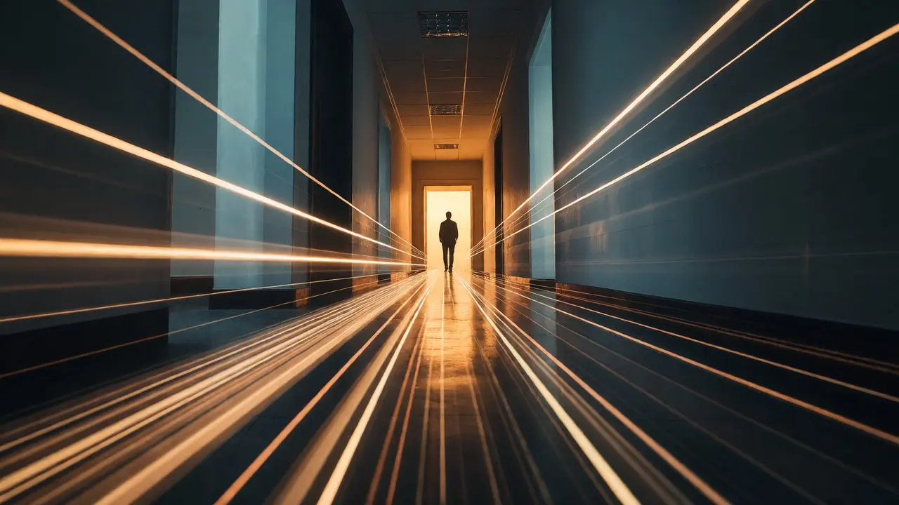 Long hallway with leading lines guiding the eye to a lit doorway