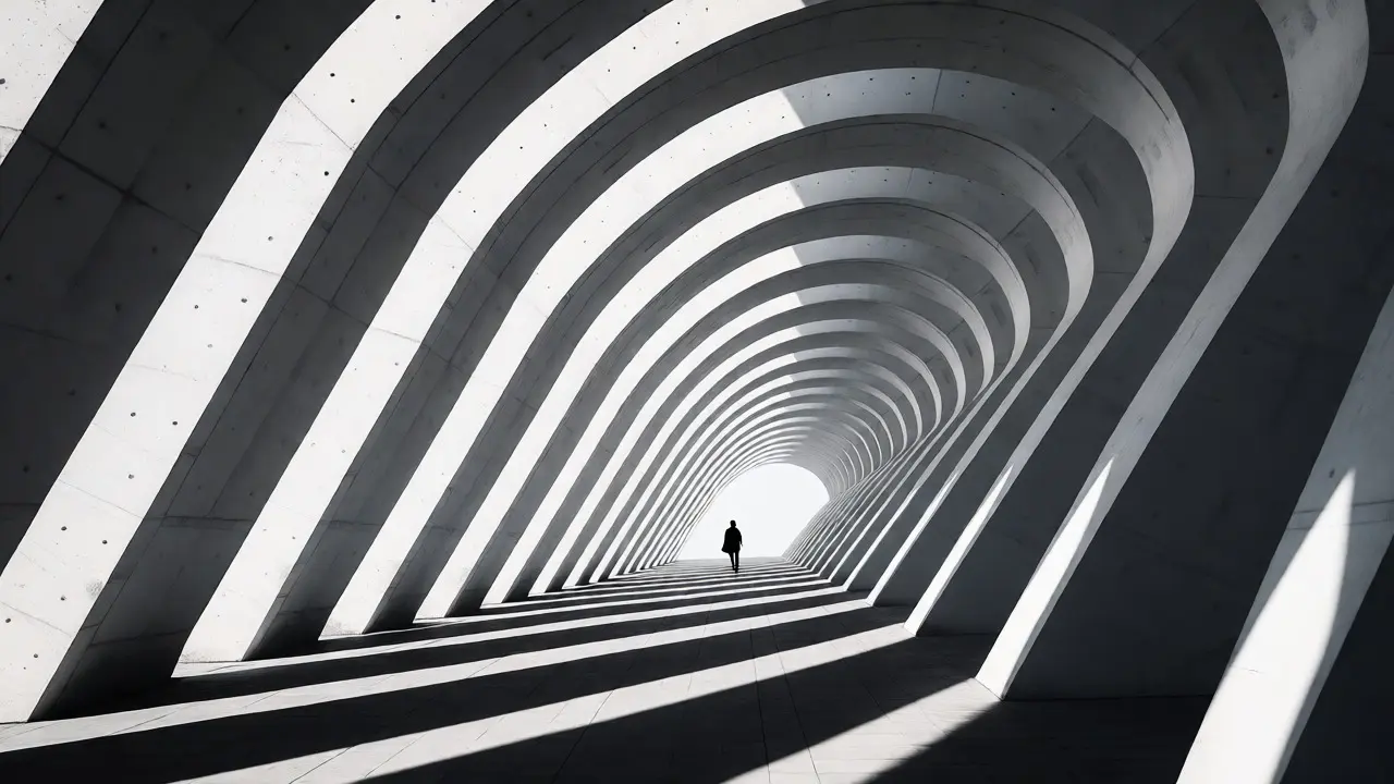 Low-angle shot of a pedestrian walking through a rhythmic series of white concrete arches.