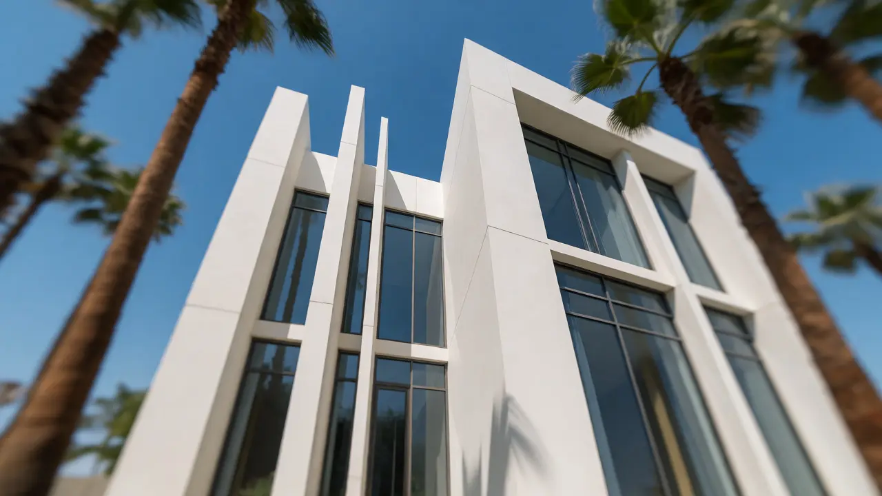 Low-angle view of a modern UAE villa with perfectly straight vertical lines against a blue sky.