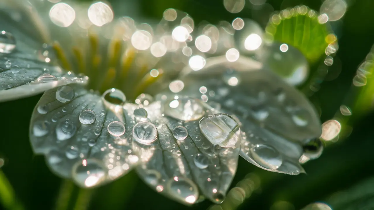 Macro flower with water droplets and soft circular light bokeh