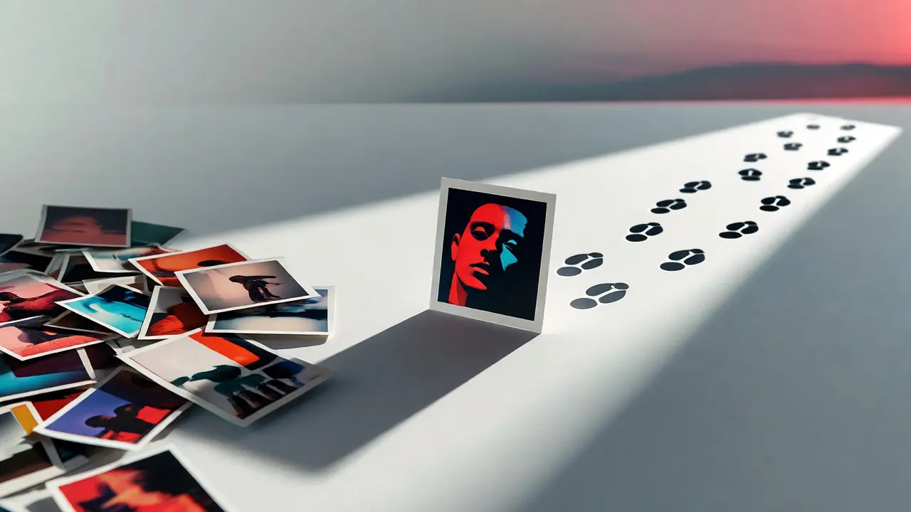 Minimalist still life showing the transition from chaotic generic photos to a distinct, signed artistic style.