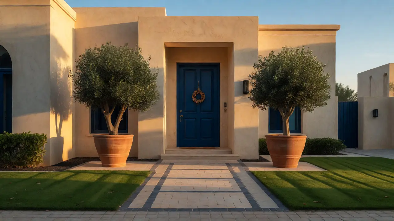 Modern villa entrance with potted plants and manicured lawn for curb appeal